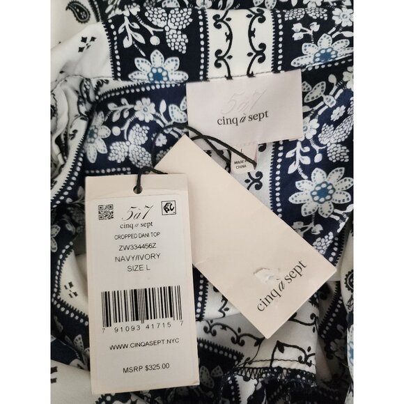 Cinq a Sept New NWT Dani Blue Floral Cropped Button Silk Shirt Top Scarf Large - Picture 9 of 10